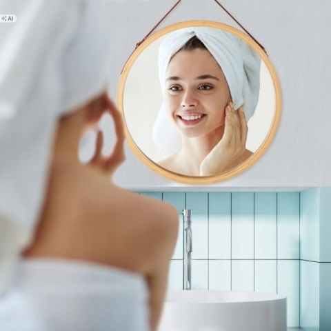Okrągłe Lustro Wiszące 45 cm w Bambusowej Ramie z Paskiem Regulowanym Relaxdays