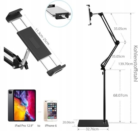REGULOWANY STOJAK PODŁOGOWY NA TABLET I TELEFON – RAMIĘ WYSIĘGNIK 360°