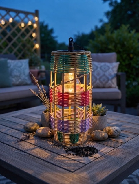 Wisząca Lampa Solarna Ogrodowa LED / Kolorowy Pleciony Klosz 40cm