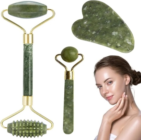 Masażer Zestaw do Masażu Twarzy JADEIT – Roller + Kamień Gua Sha 3W1
