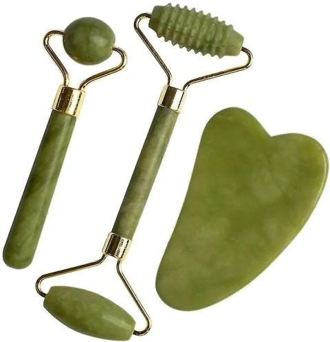 Masażer Zestaw do Masażu Twarzy JADEIT – Roller + Kamień Gua Sha 3W1