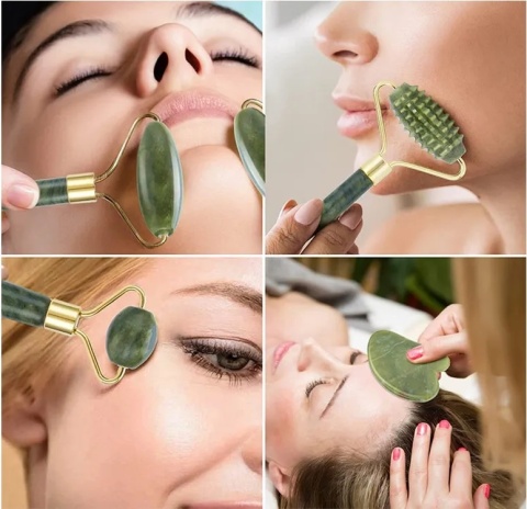 Masażer Zestaw do Masażu Twarzy JADEIT – Roller + Kamień Gua Sha 3W1