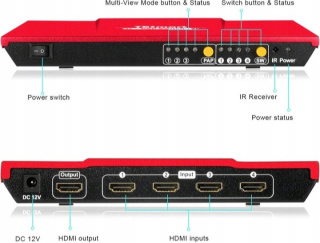 Rozdzielacz HDMI 4K PAP Switch splitter 4x1 60Hz TESmart czerwony