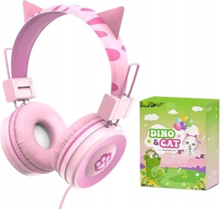 Różowe słuchawki dziecięce Dino & Cat z uszkami kota Jack 3.5mm