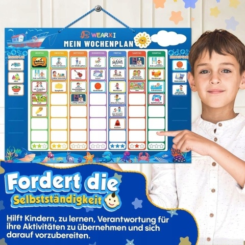 Edukacyjna Tablica magnetyczna + 304 Magnesy Planer Tygodniowy Dla Dzieci j. niemiecki