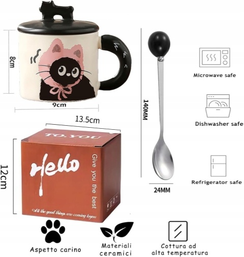 Kubek ceramiczny z kotem 360 ml z pokrywką i łyżeczką | prezent dla kociary