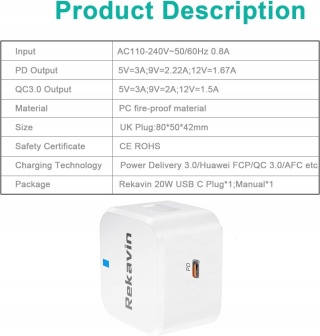 Rekavin – Ładowarka USB-C 20W | Szybkie ładowanie | Bezpieczna i kompaktowa