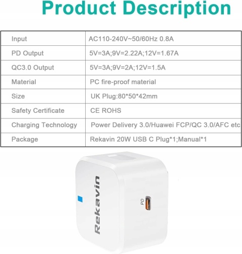 Rekavin – Ładowarka USB-C 20W | Szybkie ładowanie | Bezpieczna i kompaktowa
