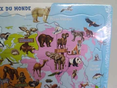 Puzzle ramkowe mapa świata, zwierzęta 28 elementów