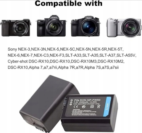 SLODA 2000 mAh Baterie litowo-jonowe NP-FW50 ładowarka kompatybilna z Sony, zamiennik