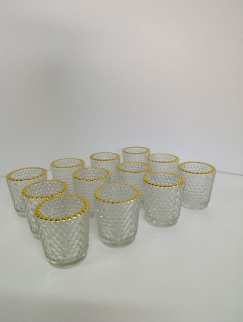 Świeczniki szklane , Zestaw 12 szklanych świeczników złota obwódka tealigh – ślub, wesele
