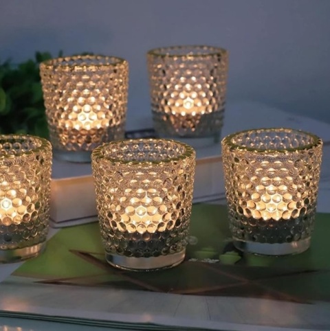 Świeczniki szklane , Zestaw 12 szklanych świeczników złota obwódka tealigh – ślub, wesele