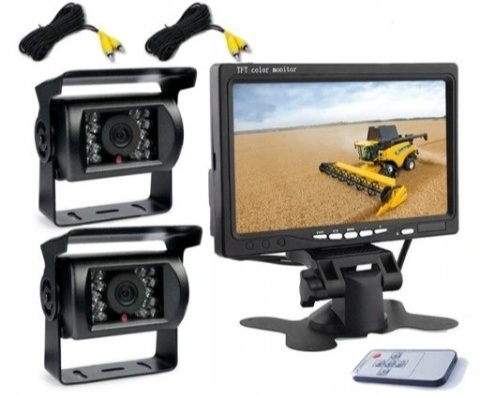 ZESTAW COFANIA MONITOR 7" Z PILOTEM + 2x KAMERA Z DIODAMI IR I REGULACJĄ 12/24V