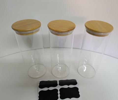 Pojemniki szklane do przechowywania, Zestaw 3 Pojemników z Pokrywką Bambusową + Etykiety Pojemniki szklane do przechowywania, Zestaw 3 Pojemników z Pokrywką Bambusową + Etykiety