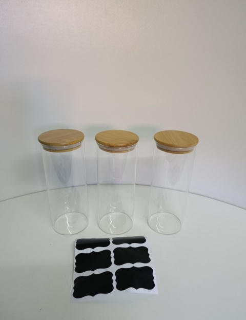 Pojemniki szklane do przechowywania, Zestaw 3 Pojemników z Pokrywką Bambusową + Etykiety Pojemniki szklane do przechowywania, Zestaw 3 Pojemników z Pokrywką Bambusową + Etykiety