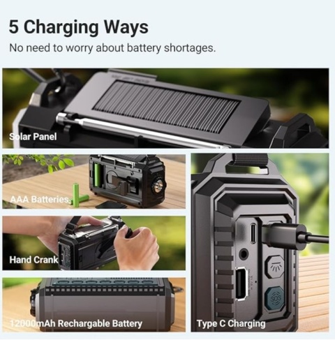 Radio korbowe solarne z akumulatorem, alarm SOS, latarka, światło, biwak