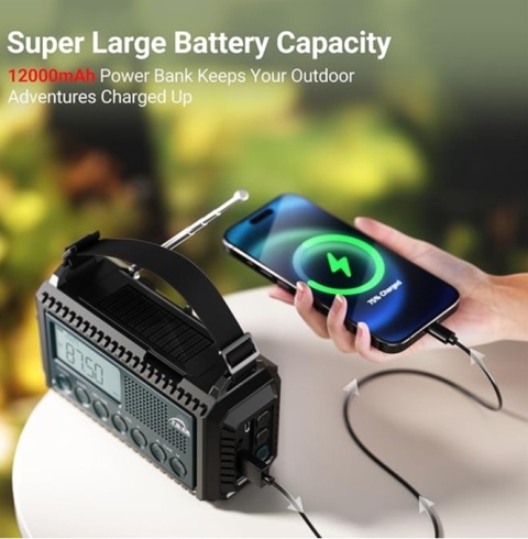 Radio korbowe solarne z akumulatorem, alarm SOS, latarka, światło, biwak