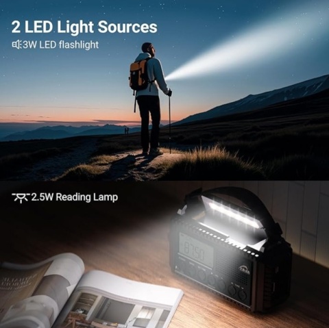 Radio korbowe solarne z akumulatorem, alarm SOS, latarka, światło, biwak