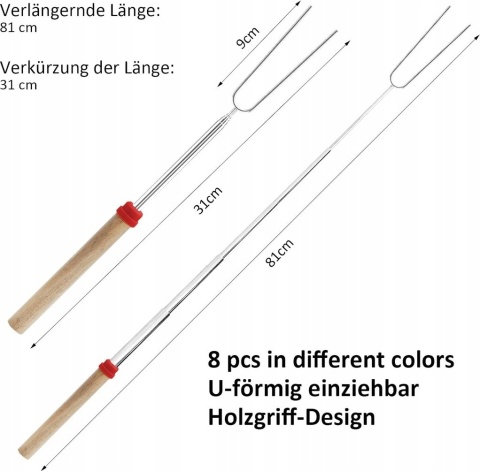 WIDELEC OGNISKOWY KIJ DO KIEŁBASY KIJKI WIDELCE NA GRILLA TELESKOPOWE 8 SZT