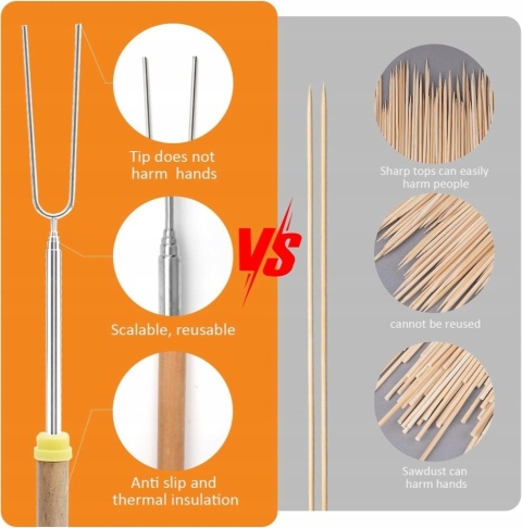 WIDELEC OGNISKOWY KIJ DO KIEŁBASY KIJKI WIDELCE NA GRILLA TELESKOPOWE 8 SZT