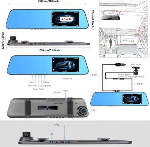 WIDEOREJESTRATOR LUSTERKO KAMERA SAMOCHODOWA PRZÓD TYŁ