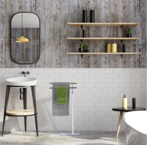 Wieszak schodkowy łazienkowy na ręczniki wolnostojący biało srebrny METAL