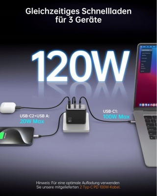 Ładowarka USB C 120 W NOVOO GaN – ładowarka 3-portowa