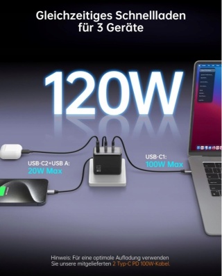 Ładowarka USB C 120 W NOVOO GaN – ładowarka 3-portowa