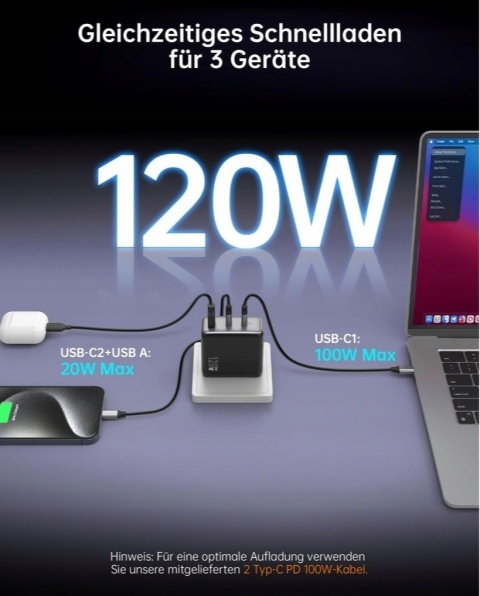 Ładowarka USB C 120 W NOVOO GaN – ładowarka 3-portowa