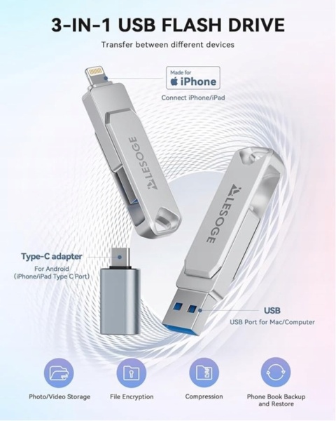 Pendrive LESOGE MFi 128 GB Lightning, USB 3.0 srebrny
