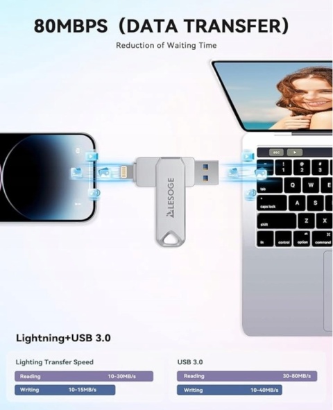 Pendrive LESOGE MFi 128 GB Lightning, USB 3.0 srebrny