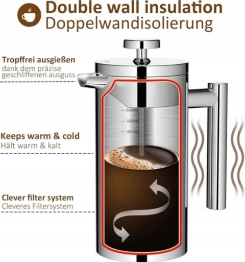 ZAPARZACZ DO HERBATY KAWY ZIÓŁ NIERDZEWNY DZBANEK STALOWY 1L SREBRNY