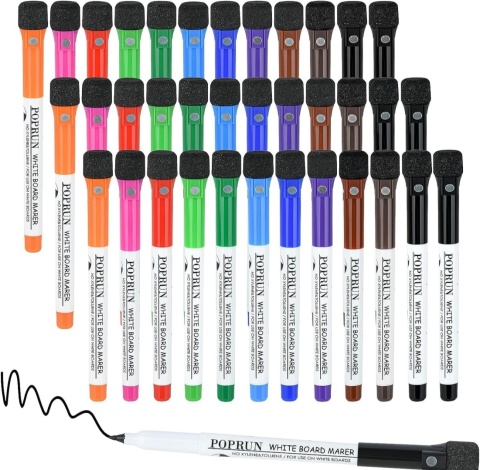 Markery suchościeralne 36 szt POPRUN – magnetyczna końcówka, gumka do mazania