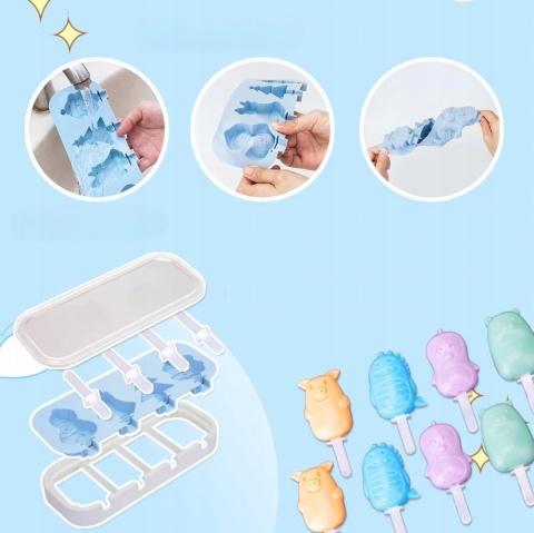 3x Foremki Silikonowe do Lodów z Pokrywką i Patyczkami Zestaw