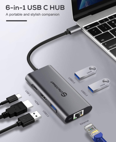 Adapter Hub USB C Przejściówka 6 w 1 HDMI LAN USB 3.0 UltechSmart