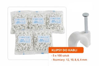 Klipsy do kabli, uchwyty montażowe zestaw 500 szt 12,10,8,6,4 mm