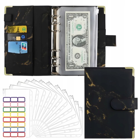 PLANER BUDŻETOWY DO OSZCZĘDZANIA DZIENNIK NOTES CZARNY ZŁOTY Z KOPERTAMI