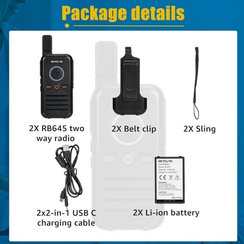 Retevis RB645 Walkie Talkie, Radio PMR446, Podwójne radio PTT, USB C, VOX, 3KM