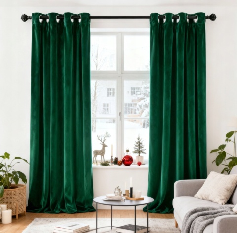 ZASŁONA WELUROWA 2 SZT NA PRZELOTKACH 132×260 CM ZIELONA KÓŁKA WELUR GOTOWA GRUBA