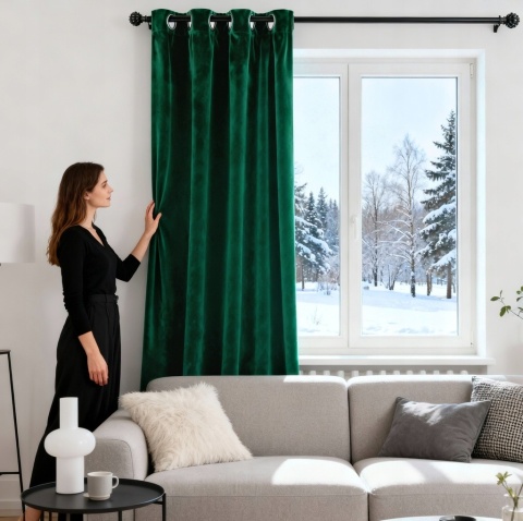 ZASŁONA WELUROWA 2 SZT NA PRZELOTKACH 132×260 CM ZIELONA KÓŁKA WELUR GOTOWA GRUBA