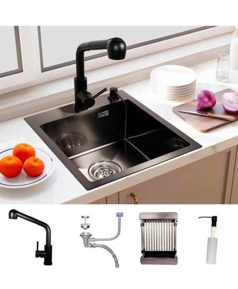 Zlewozmywak ze stali nierdzewnej Buyfun z kranem, 45 x 40 x 18 cm,