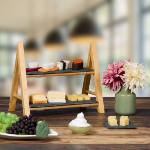 Bambusowy stojak do serwowania z łupkowymi talerzami Relaxdays, patera