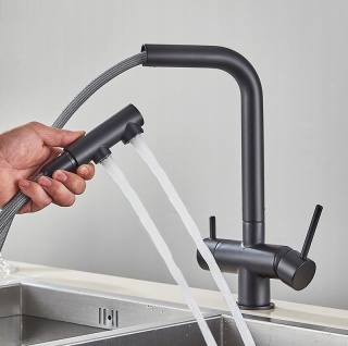 Bateria Kuchenna Trójdrożna do Filtra czarna Wyciągana Wylewka