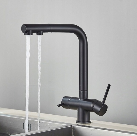 Bateria Kuchenna Trójdrożna do Filtra czarna Wyciągana Wylewka