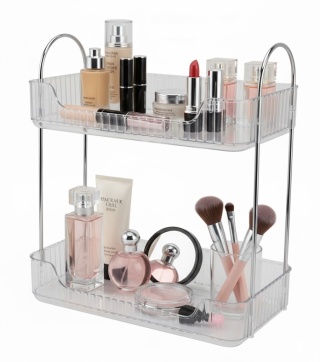 Organizer Na Kosmetyki Dwupoziomowy Prostokątny Duży Przezroczysty srebrny