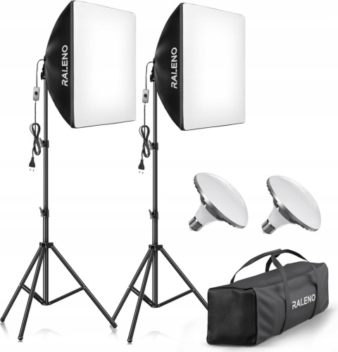 RALENO 2X Softbox 50W LED 50x50 cm + statywy + torba – zestaw studyjny, lampa studyjna
