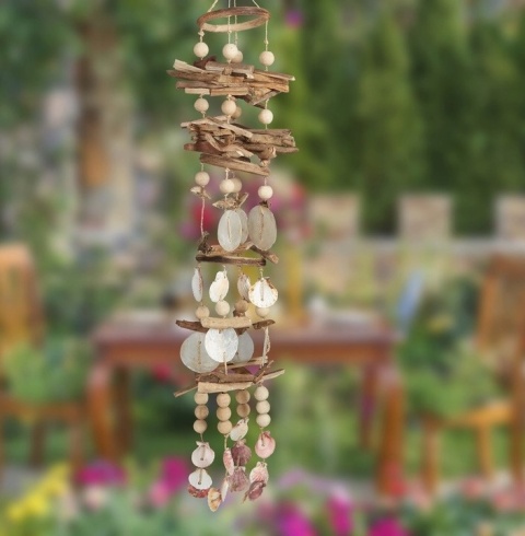 Relaxdays Gong Wietrzny z Muszlami 107 cm, Morski Drewniany, Naturalny