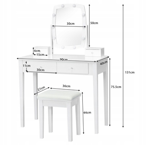 BIAŁA TOALETKA Z TABORETEM, OBROTOWYM LUSTREM Z ŚCIEMNIALNYMI ŻARÓWKAMI LED