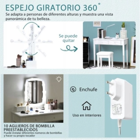 BIAŁA TOALETKA Z TABORETEM, OBROTOWYM LUSTREM Z ŚCIEMNIALNYMI ŻARÓWKAMI LED