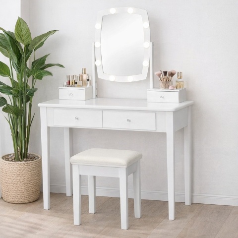 BIAŁA TOALETKA Z TABORETEM, OBROTOWYM LUSTREM Z ŚCIEMNIALNYMI ŻARÓWKAMI LED
